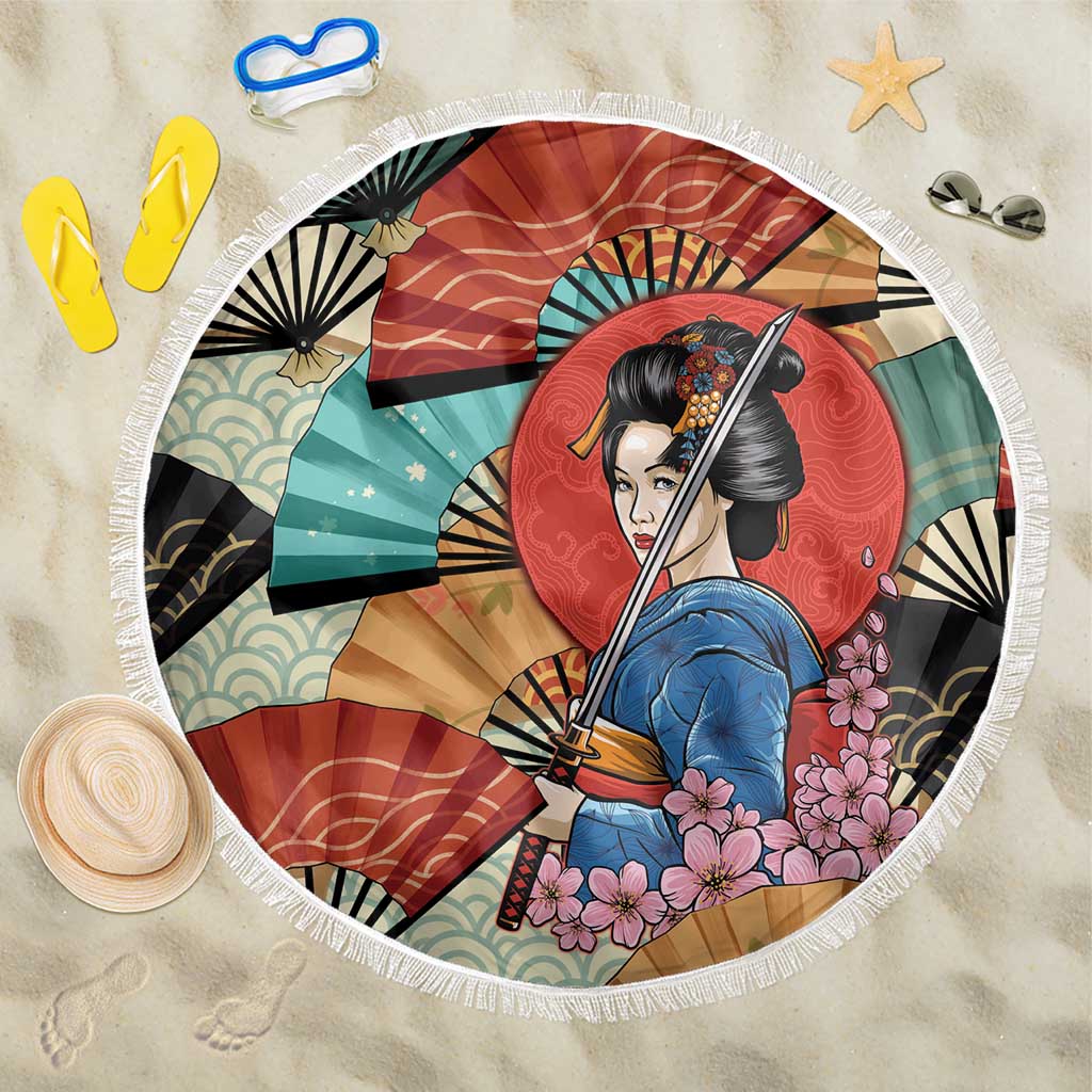 Japanese Geisha Katana Beach Blanket Japan Sensu Seigaiha Pattern LT14 One Size 150cm Multicolor - Polynesian Pride