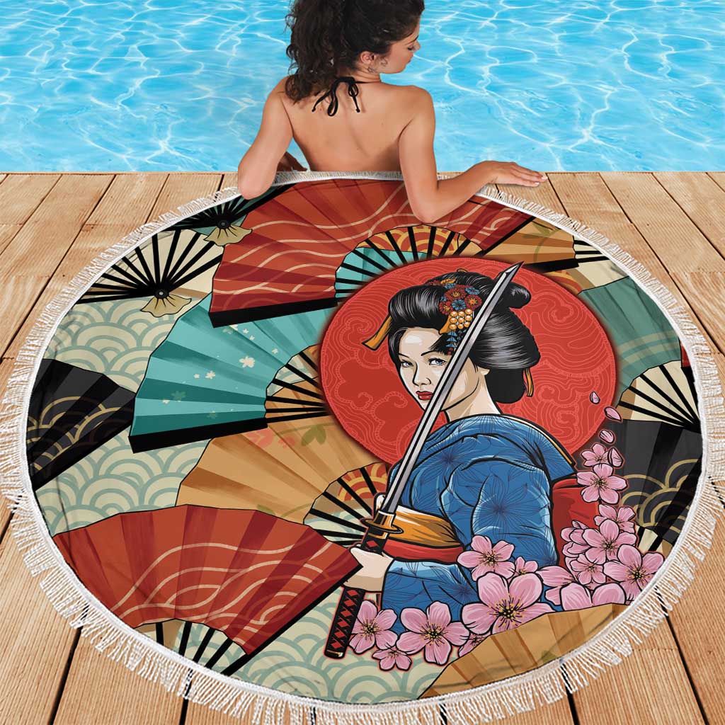 Japanese Geisha Katana Beach Blanket Japan Sensu Seigaiha Pattern LT14 - Polynesian Pride