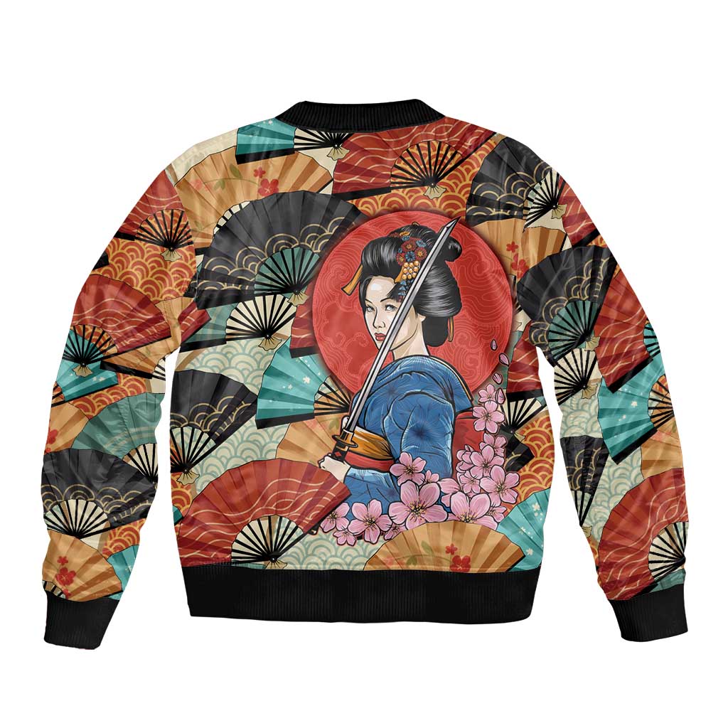 Japanese Geisha Katana Bomber Jacket Japan Sensu Seigaiha Pattern LT14 - Polynesian Pride