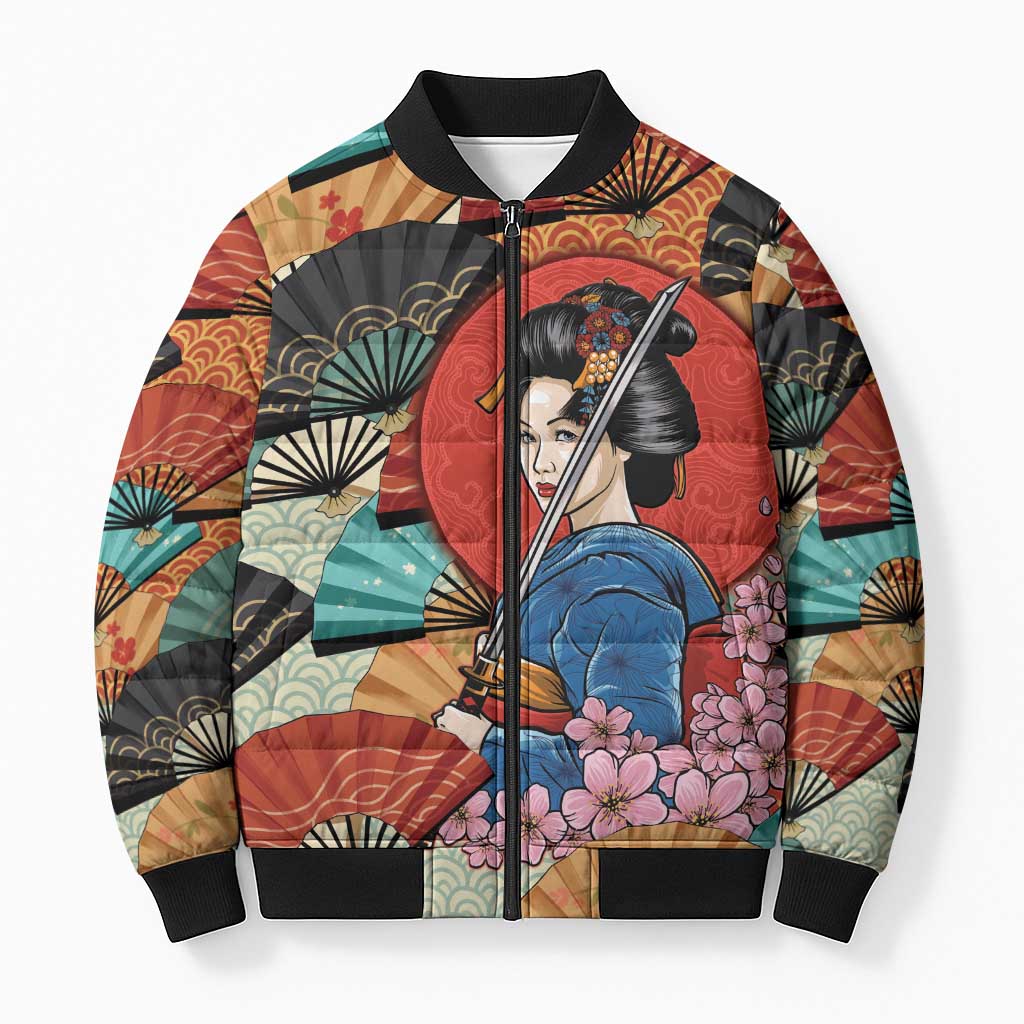 Japanese Geisha Katana Bomber Puffer Jacket Japan Sensu Seigaiha Pattern LT14 Unisex Multicolor - Polynesian Pride