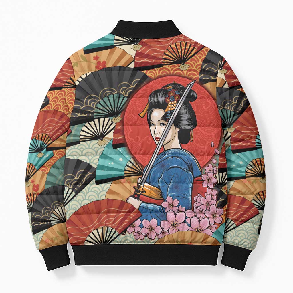 Japanese Geisha Katana Bomber Puffer Jacket Japan Sensu Seigaiha Pattern LT14 - Polynesian Pride