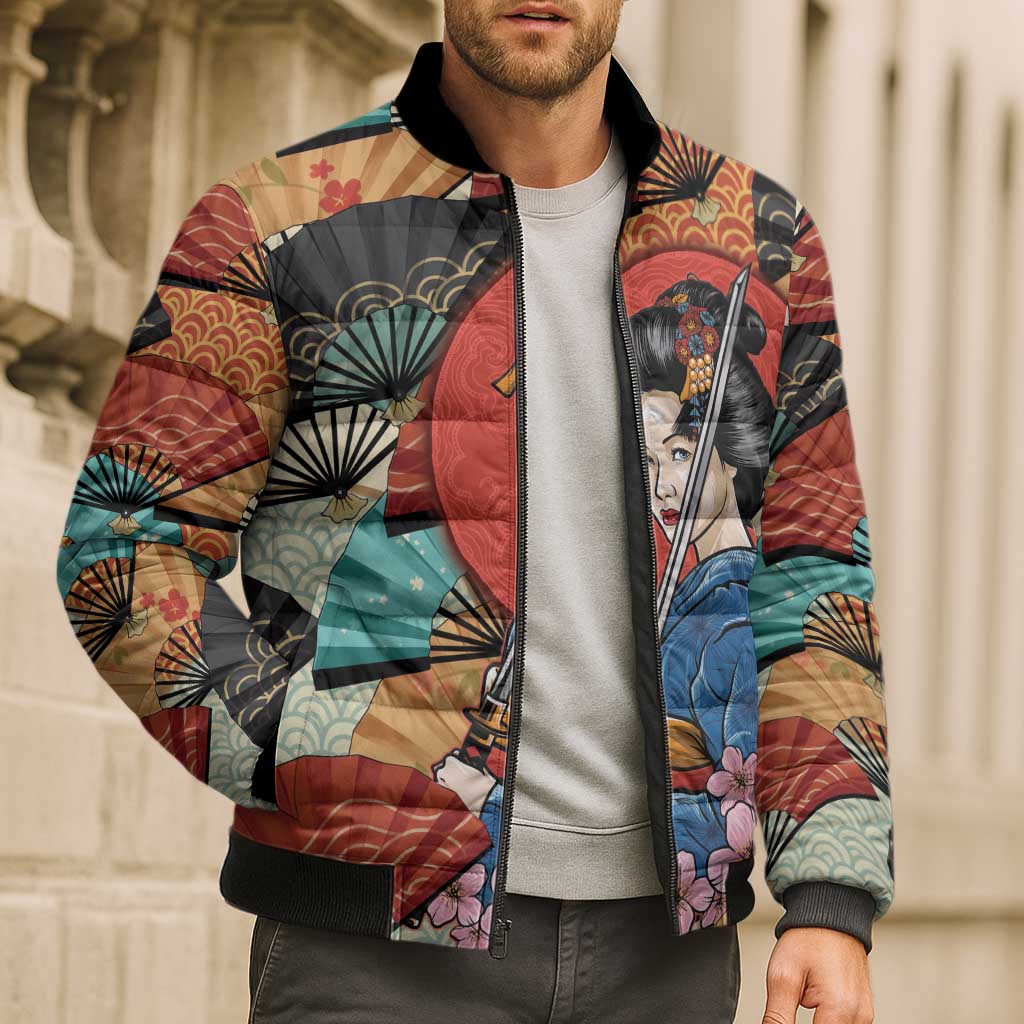 Japanese Geisha Katana Bomber Puffer Jacket Japan Sensu Seigaiha Pattern LT14 - Polynesian Pride
