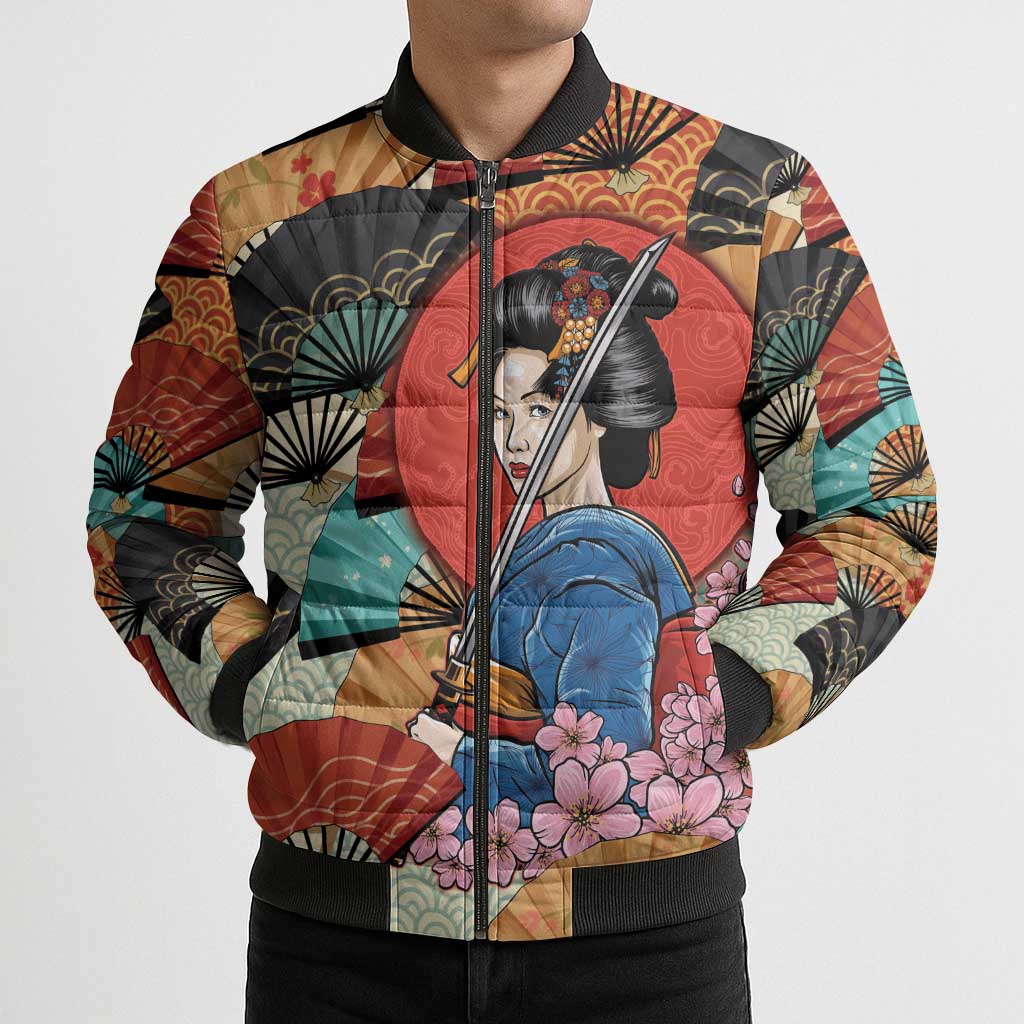 Japanese Geisha Katana Bomber Puffer Jacket Japan Sensu Seigaiha Pattern LT14 - Polynesian Pride