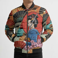 Japanese Geisha Katana Bomber Puffer Jacket Japan Sensu Seigaiha Pattern LT14 - Polynesian Pride
