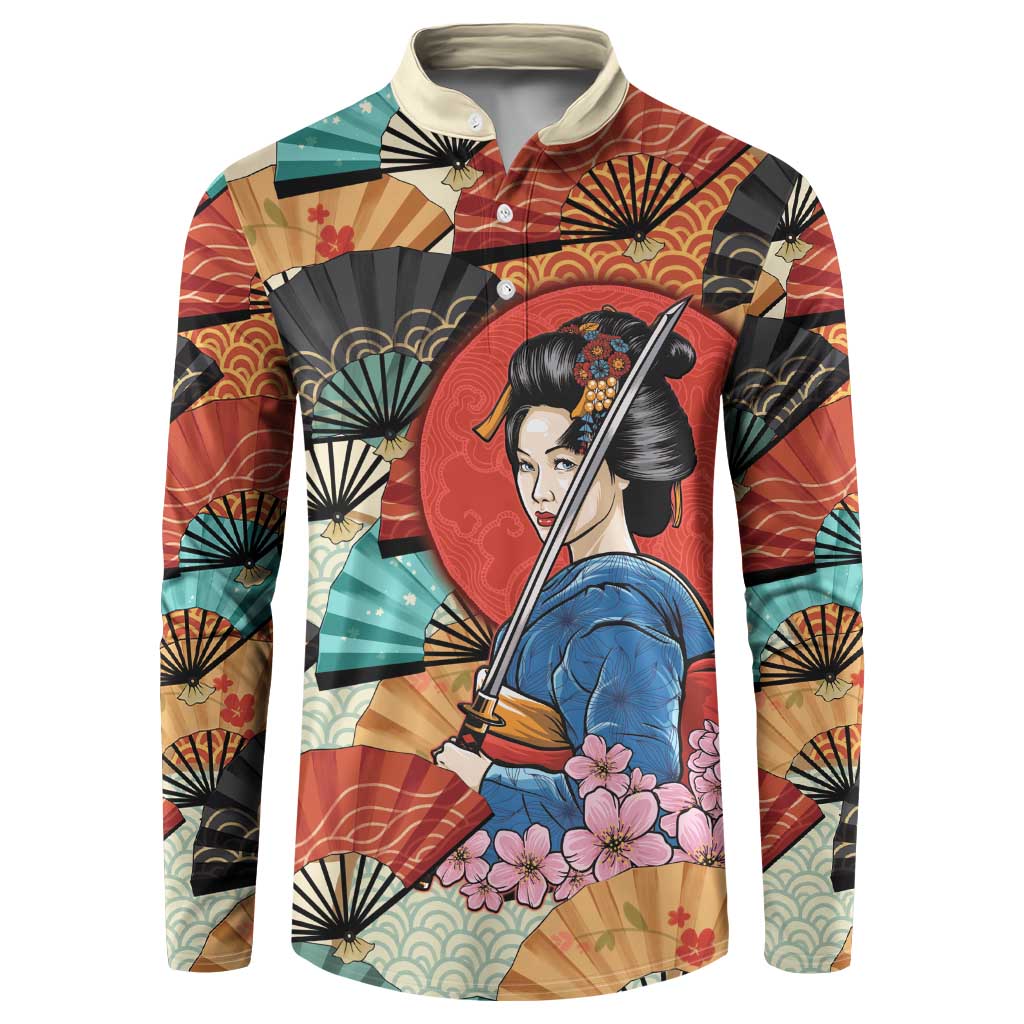 Japanese Geisha Katana Button Sweatshirt Japan Sensu Seigaiha Pattern LT14 Multicolor - Polynesian Pride
