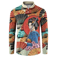 Japanese Geisha Katana Button Sweatshirt Japan Sensu Seigaiha Pattern LT14 Multicolor - Polynesian Pride