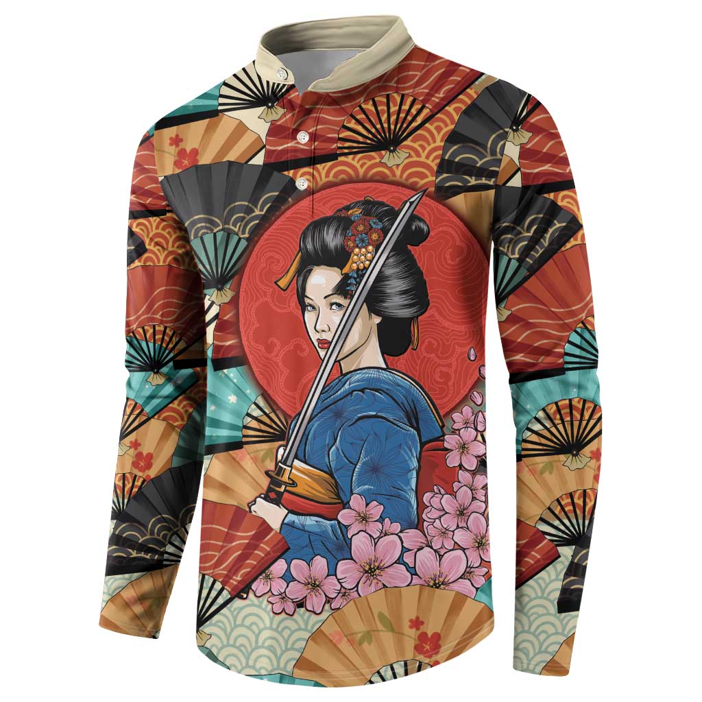 Japanese Geisha Katana Button Sweatshirt Japan Sensu Seigaiha Pattern LT14 - Polynesian Pride
