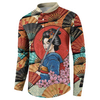 Japanese Geisha Katana Button Sweatshirt Japan Sensu Seigaiha Pattern LT14 - Polynesian Pride