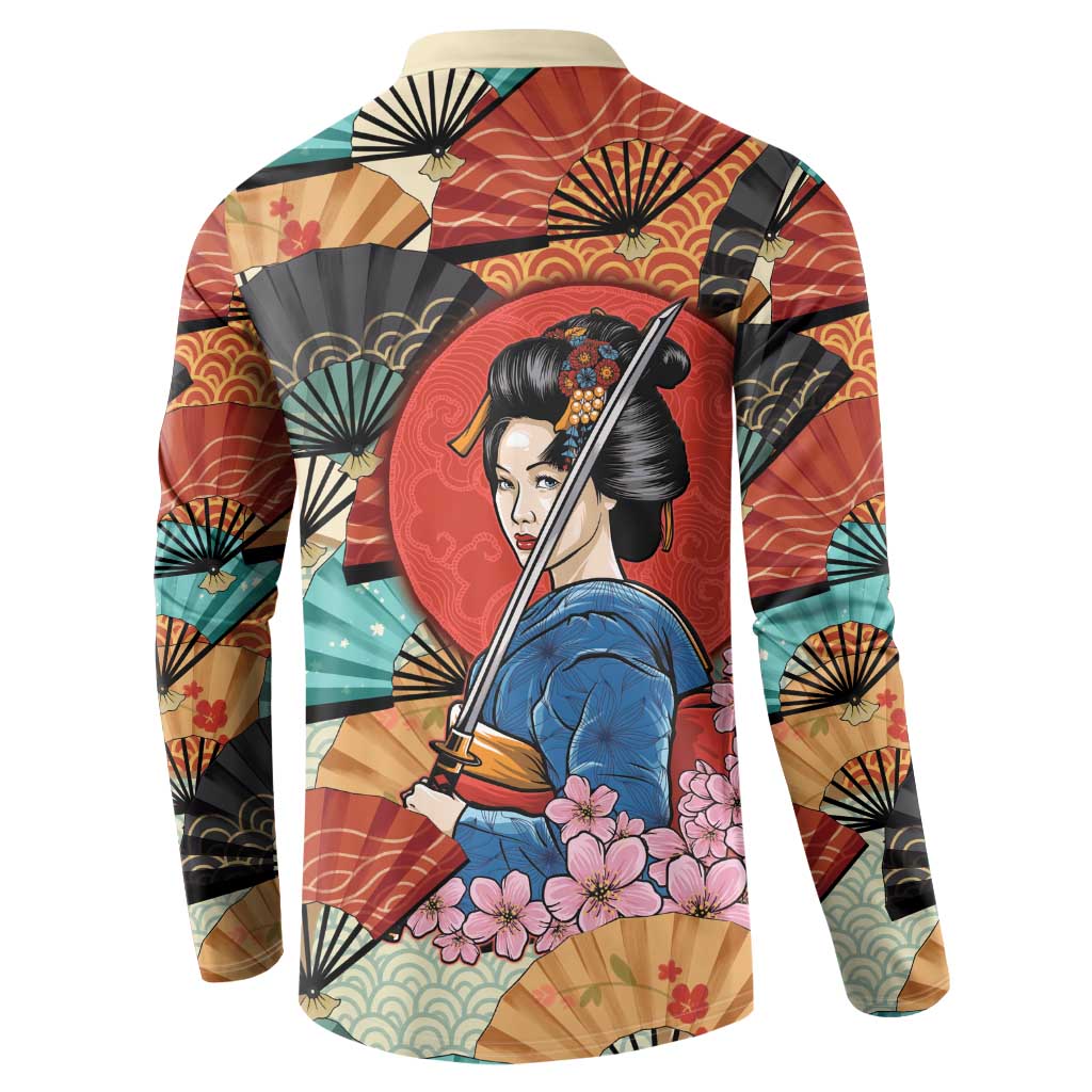 Japanese Geisha Katana Button Sweatshirt Japan Sensu Seigaiha Pattern LT14 - Polynesian Pride