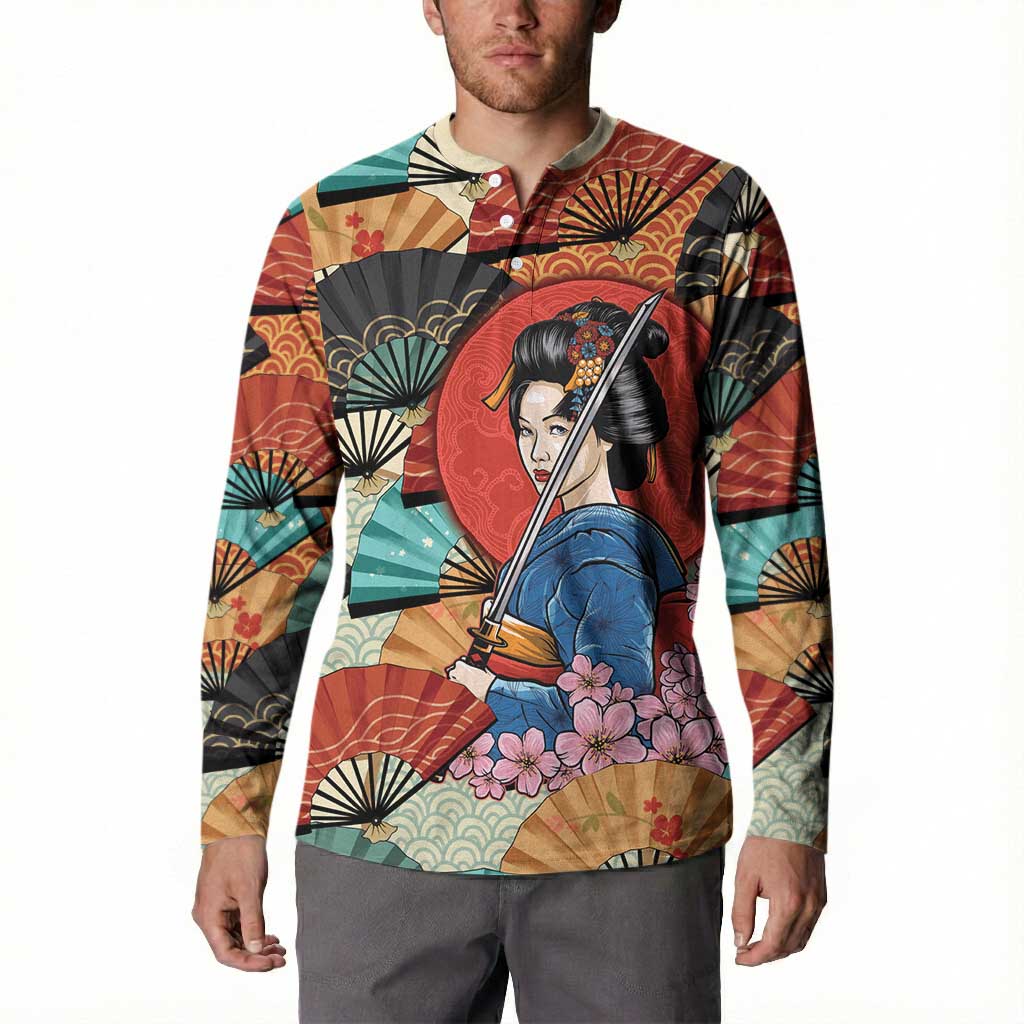 Japanese Geisha Katana Button Sweatshirt Japan Sensu Seigaiha Pattern LT14 - Polynesian Pride
