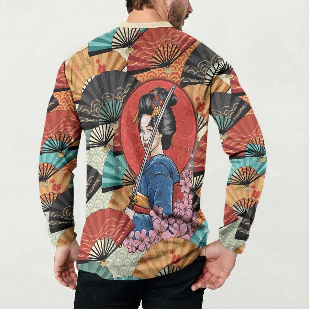Japanese Geisha Katana Button Sweatshirt Japan Sensu Seigaiha Pattern LT14 - Polynesian Pride