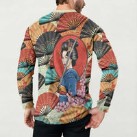 Japanese Geisha Katana Button Sweatshirt Japan Sensu Seigaiha Pattern LT14 - Polynesian Pride