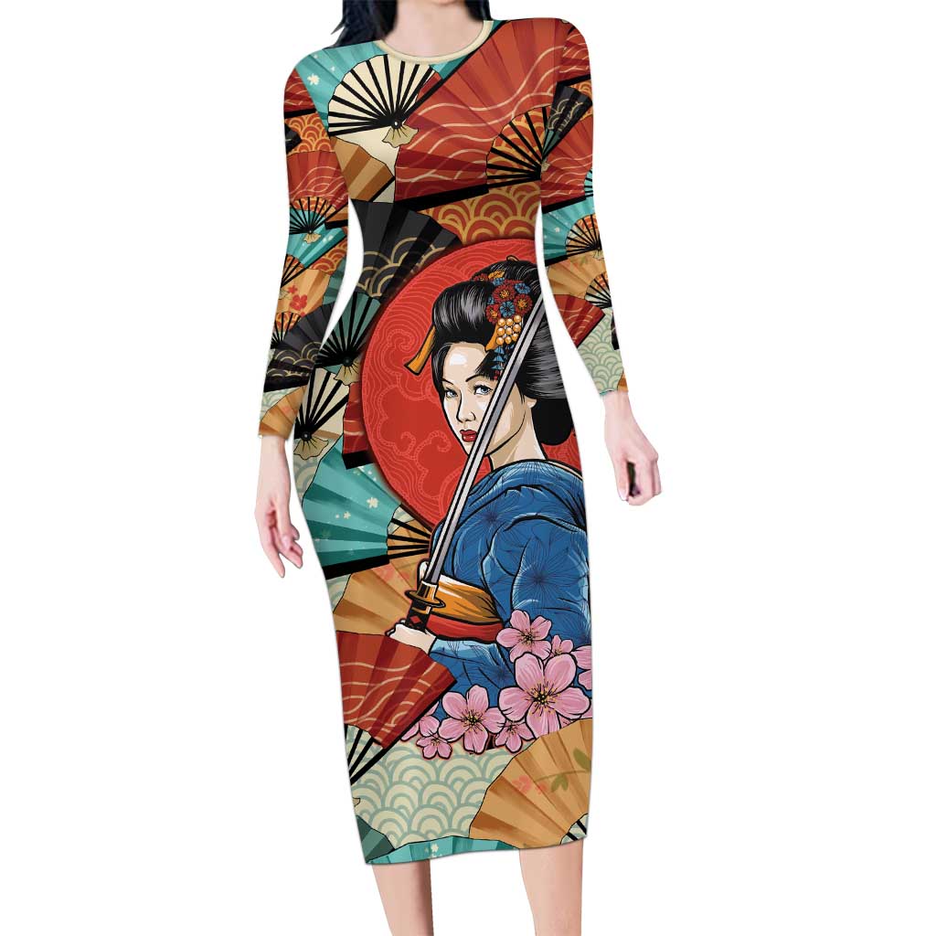 japanese bodycon dress Geisha Katana Long Sleeve Japan Sensu Seigaiha Pattern Kimono