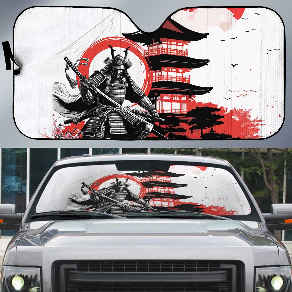 Japanese Samurai Warrior Enso Auto Sun Shade Japan Pagoda Sakura Watercolor LT14 White - Polynesian Pride
