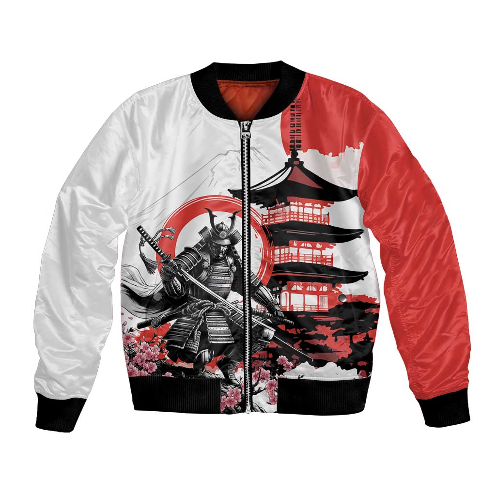 Japanese Samurai Warrior Enso Bomber Jacket Japan Pagoda Sakura Watercolor LT14 Unisex White - Polynesian Pride