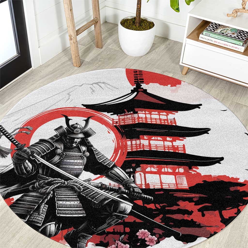 Japanese Samurai Warrior Enso Round Carpet Japan Pagoda Sakura Watercolor LT14 White - Polynesian Pride