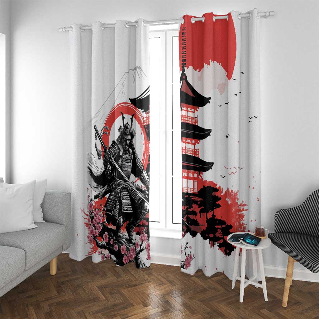 Japanese Samurai Warrior Enso Window Curtain Japan Pagoda Sakura Watercolor LT14 With Grommets White - Polynesian Pride