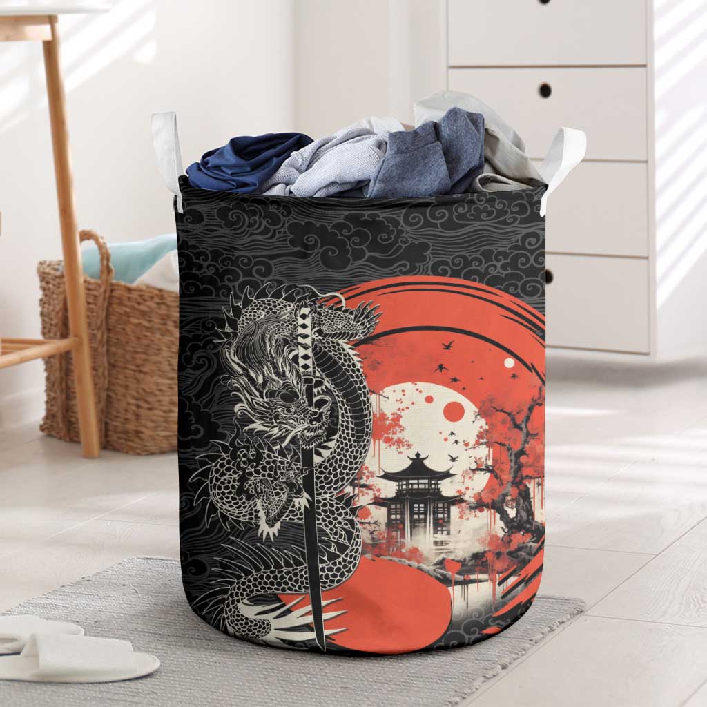 Japanese Dragon Katana Enso Laundry Basket Japan Pagoda Seamless Cloud LT14 Black - Polynesian Pride