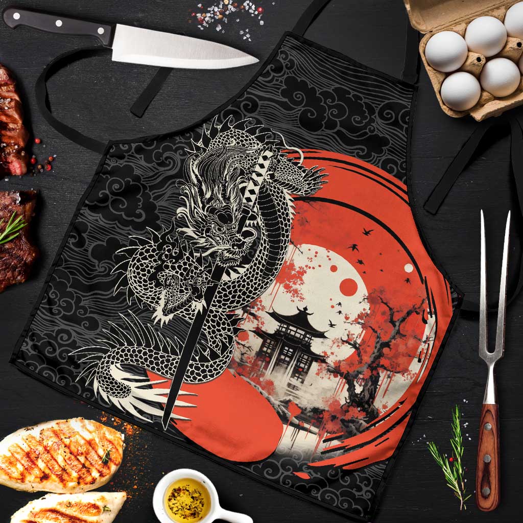 Japanese Dragon Katana Enso Apron Japan Pagoda Seamless Cloud LT14 Black - Polynesian Pride