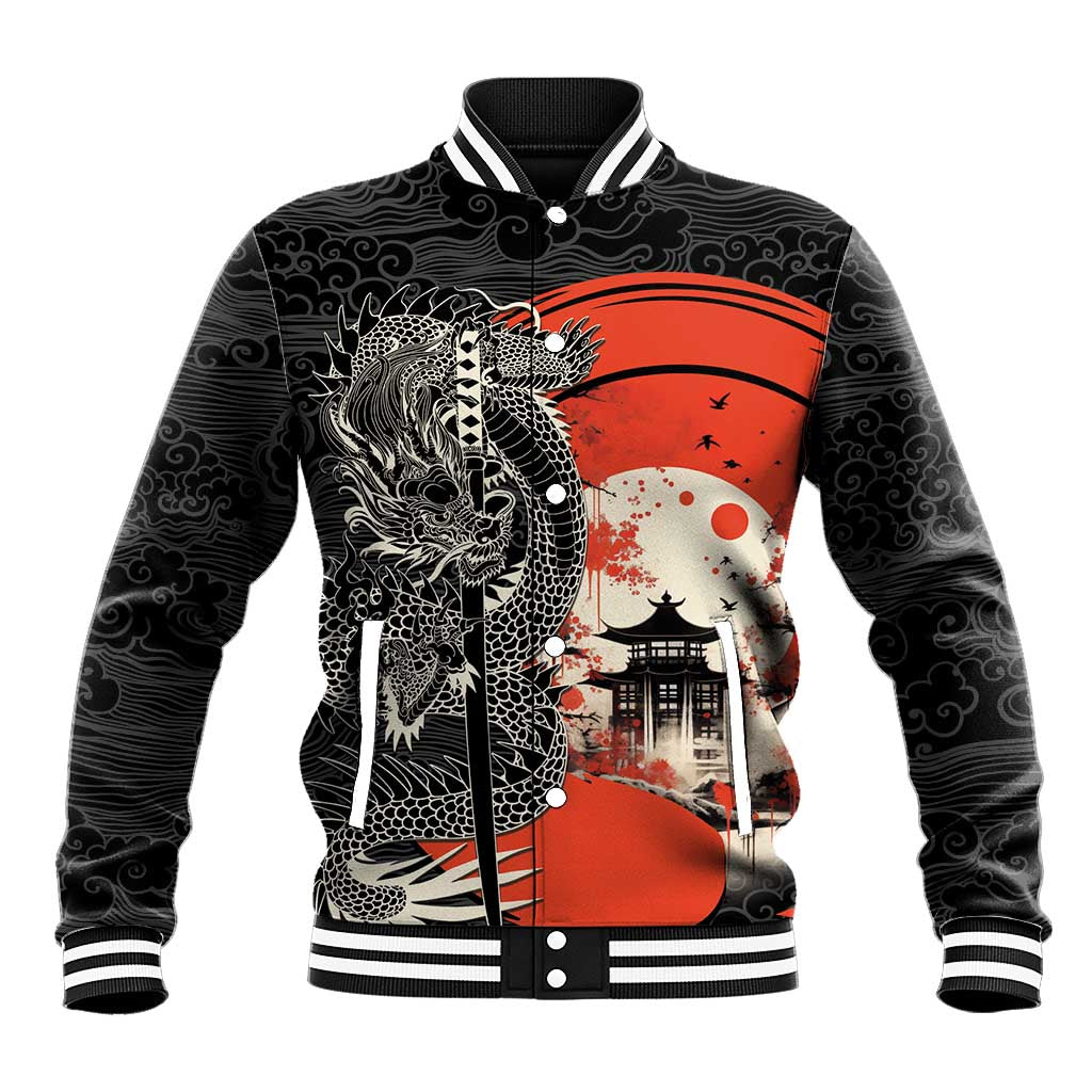 Japanese Dragon Katana Enso Baseball Jacket Japan Pagoda Seamless Cloud LT14 Unisex Black - Polynesian Pride