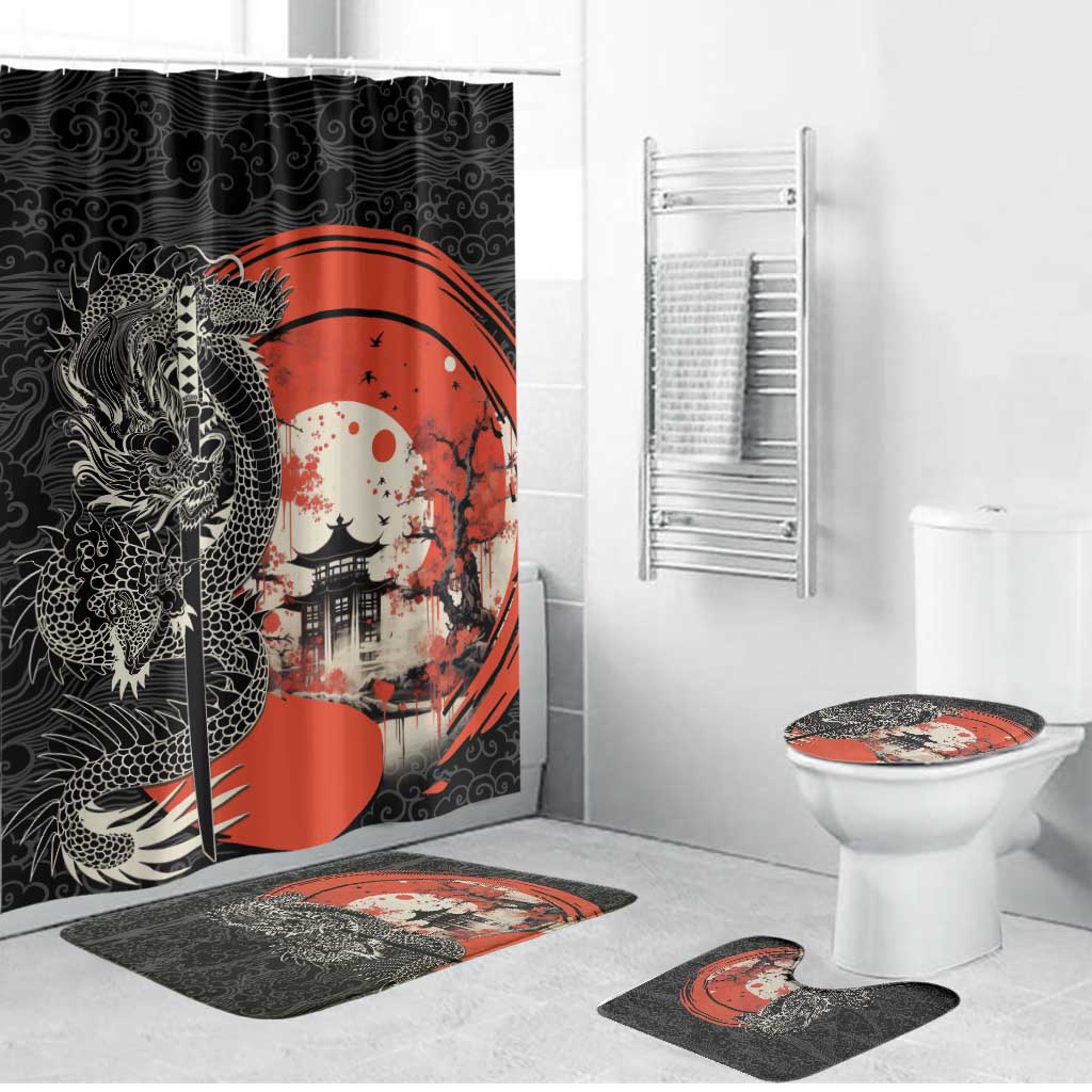 Japanese Dragon Katana Enso Bathroom Set Japan Pagoda Seamless Cloud LT14 Bathroom Set (4 pcs) Black - Polynesian Pride