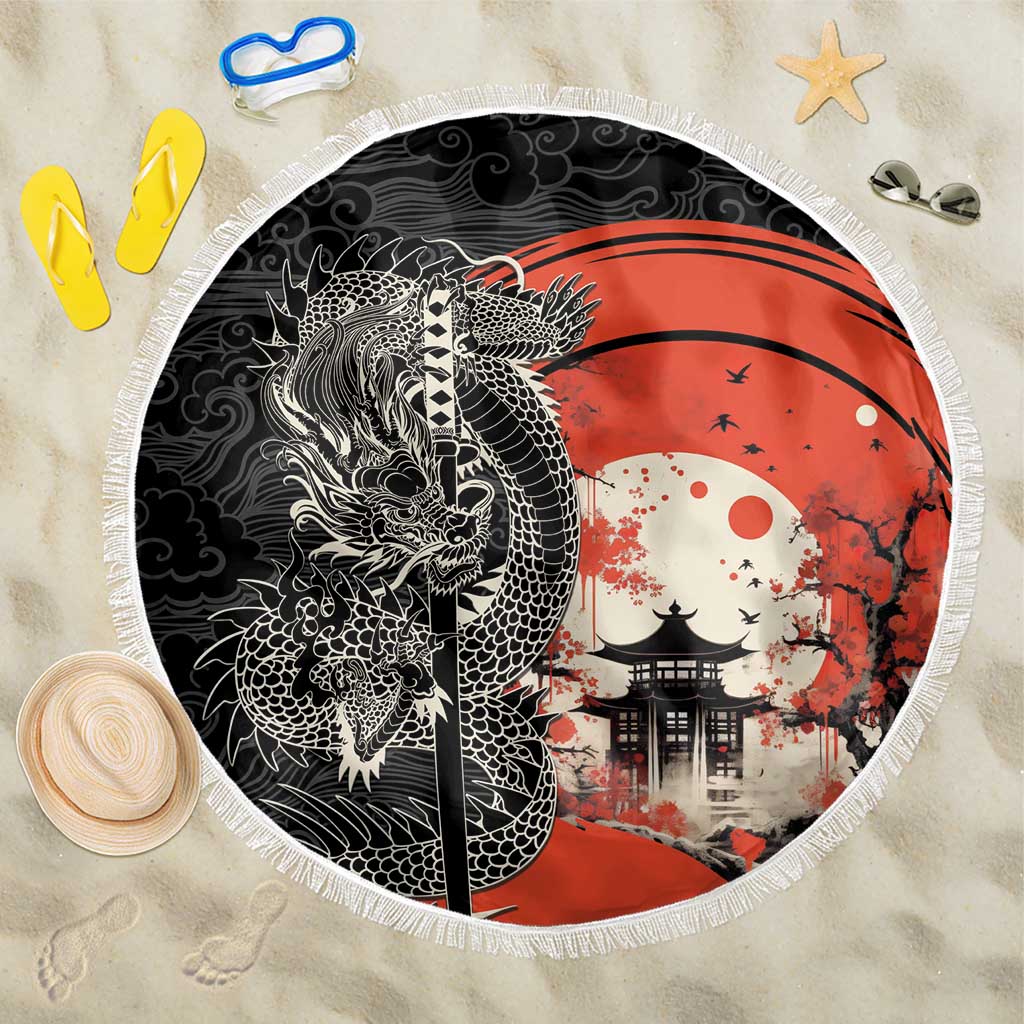 Japanese Dragon Katana Enso Beach Blanket Japan Pagoda Seamless Cloud LT14 One Size 150cm Black - Polynesian Pride