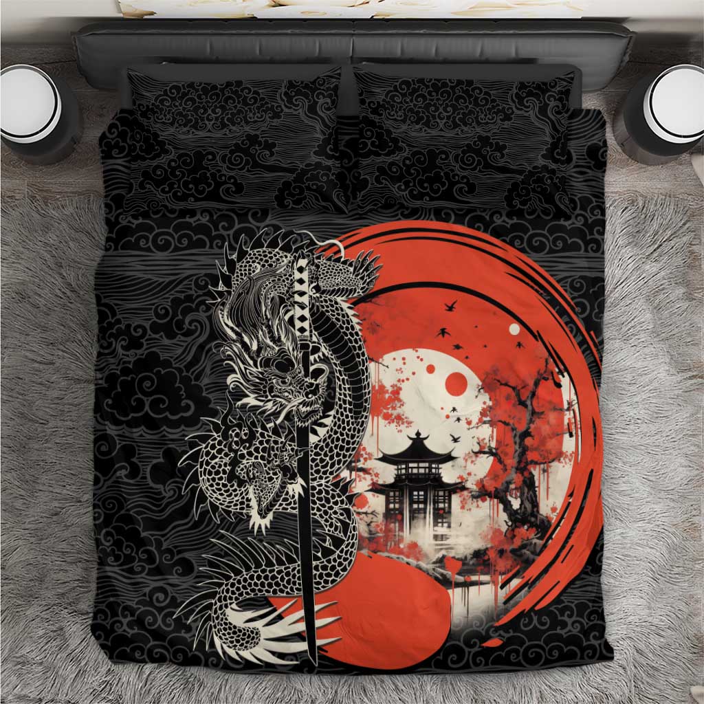 Japanese Dragon Katana Enso Bedding Set Japan Pagoda Seamless Cloud LT14 Black - Polynesian Pride