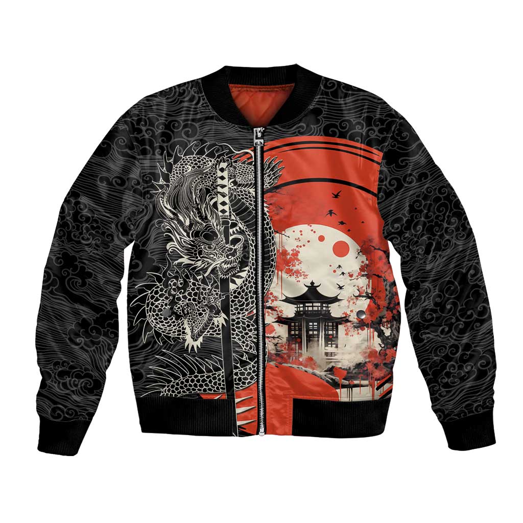 Japanese Dragon Katana Enso Bomber Jacket Japan Pagoda Seamless Cloud LT14 Unisex Black - Polynesian Pride