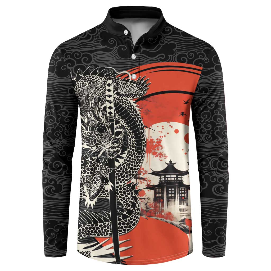 Japanese Dragon Katana Enso Button Sweatshirt Japan Pagoda Seamless Cloud LT14 Black - Polynesian Pride