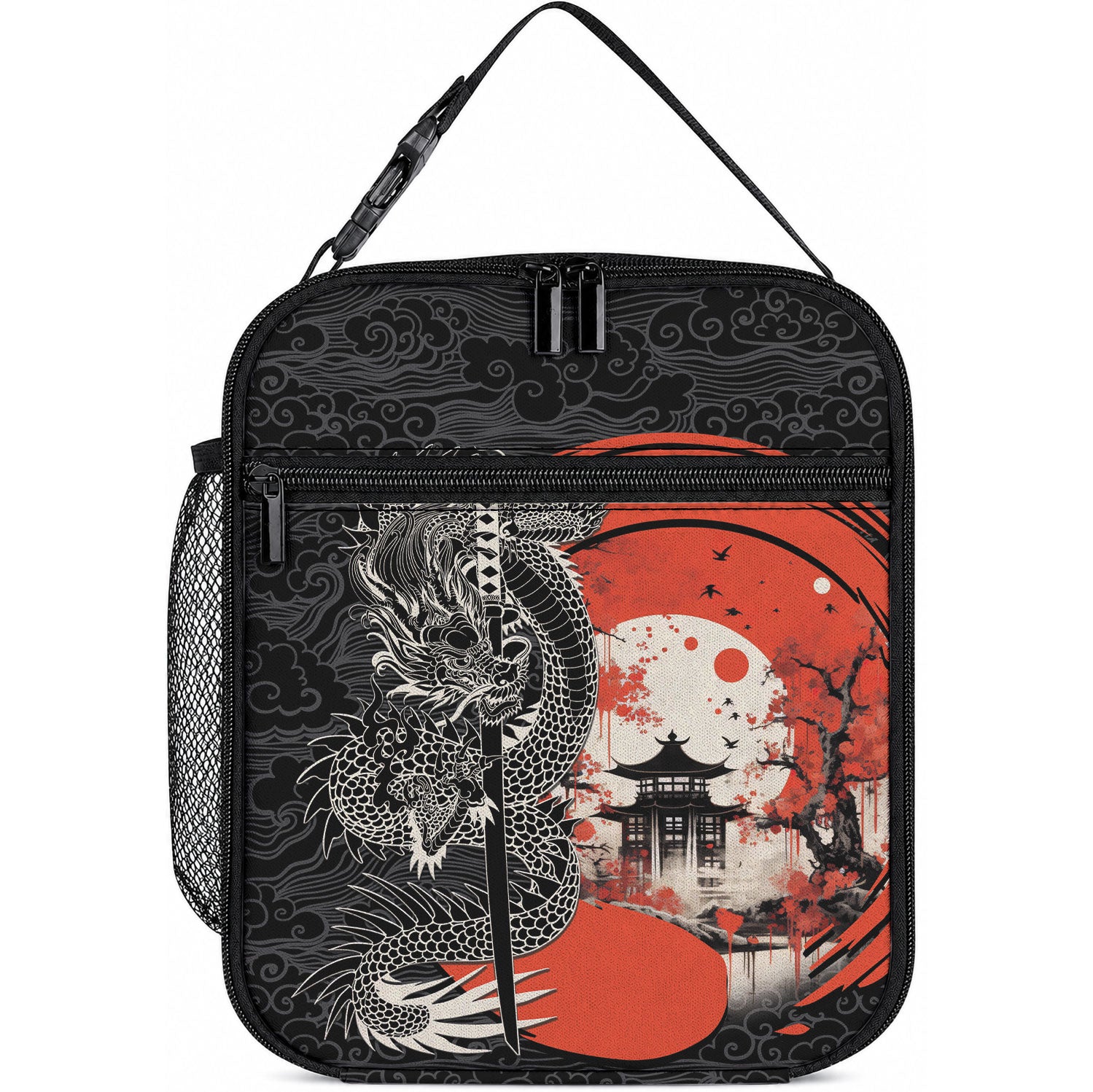 Japanese Dragon Katana Enso Lunch Bag Japan Pagoda Seamless Cloud LT14 10.2 × 8.3 × 4.3 inch Black - Polynesian Pride