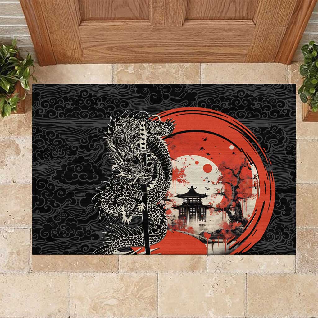 Japanese Dragon Katana Enso Rubber Doormat Japan Pagoda Seamless Cloud LT14 Black - Polynesian Pride