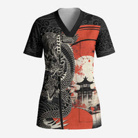 Japanese Dragon Katana Enso Scrub Top Japan Pagoda Seamless Cloud LT14 Adult Black - Polynesian Pride