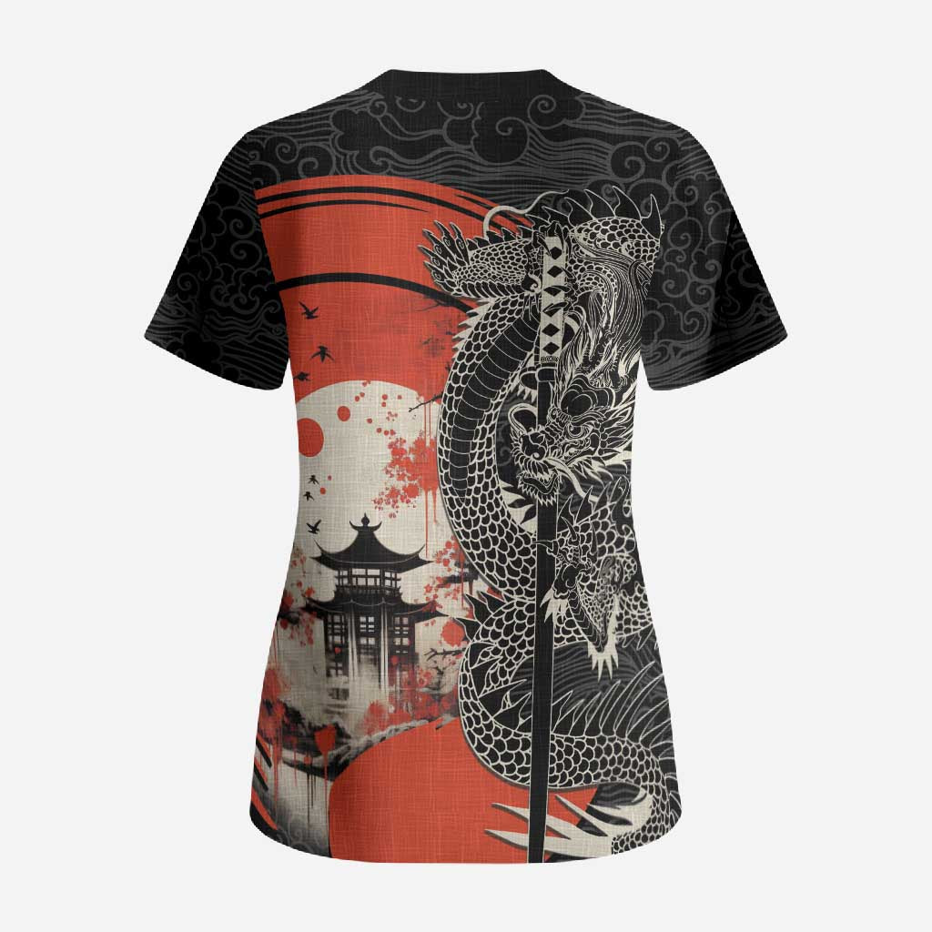 Japanese Dragon Katana Enso Scrub Top Japan Pagoda Seamless Cloud LT14 - Polynesian Pride