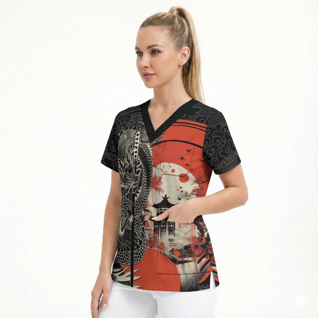 Japanese Dragon Katana Enso Scrub Top Japan Pagoda Seamless Cloud LT14 - Polynesian Pride