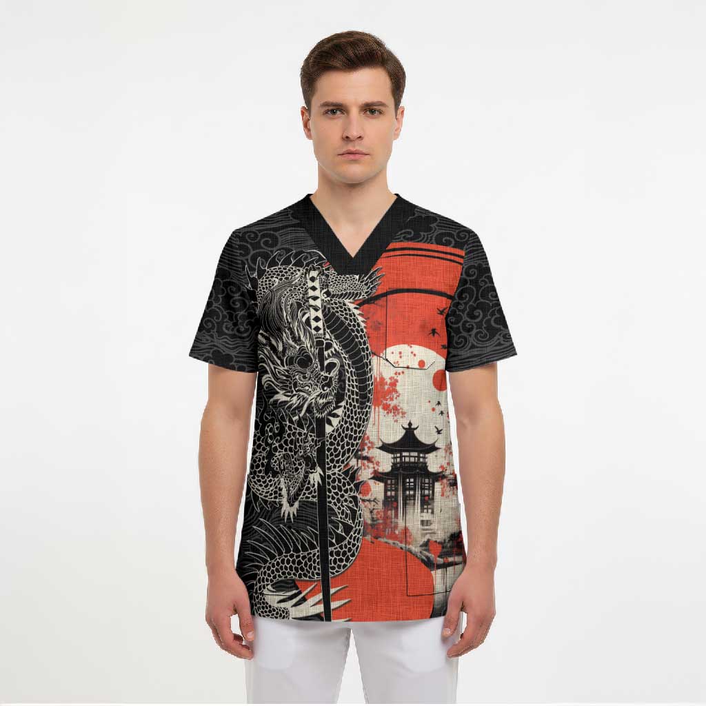 Japanese Dragon Katana Enso Scrub Top Japan Pagoda Seamless Cloud LT14 - Polynesian Pride