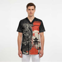 Japanese Dragon Katana Enso Scrub Top Japan Pagoda Seamless Cloud LT14 - Polynesian Pride