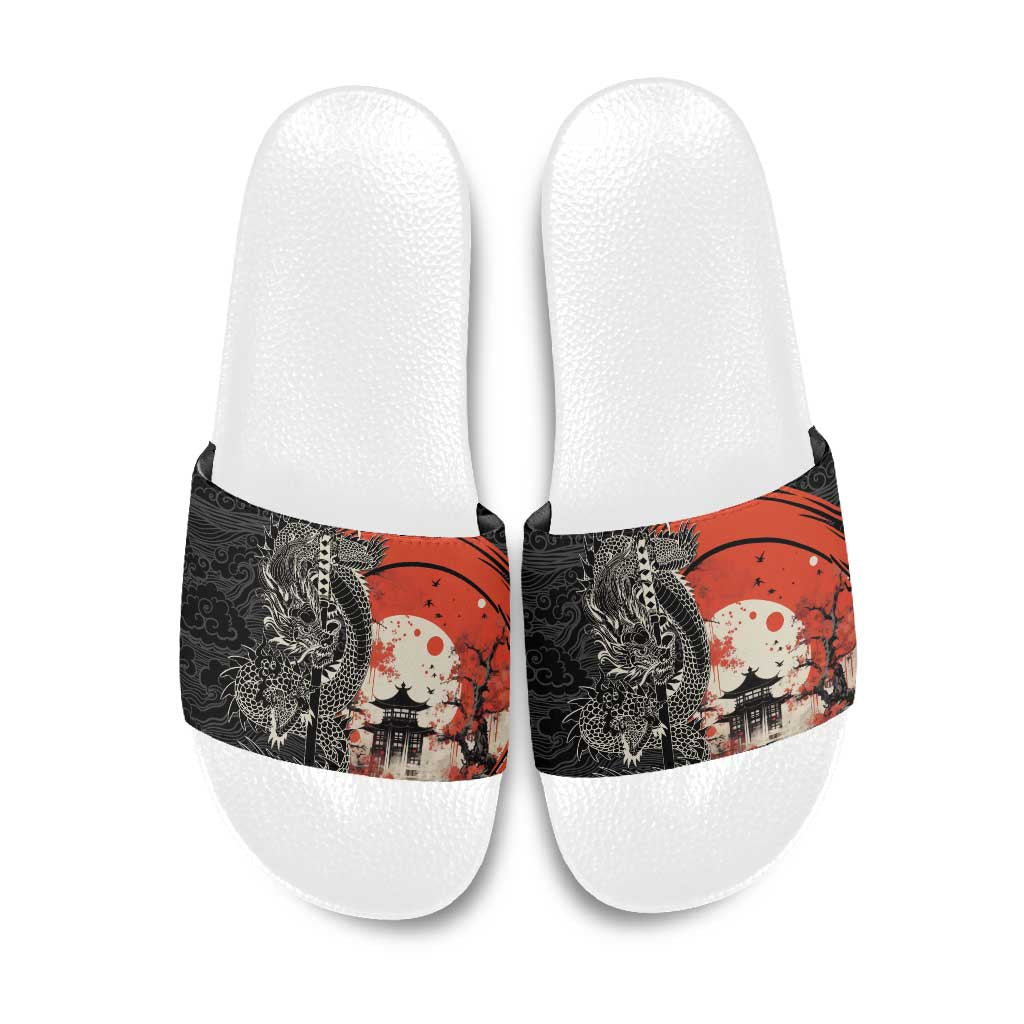 Japanese Dragon Katana Enso Slide Sandals Japan Pagoda Seamless Cloud LT14 Black - Polynesian Pride