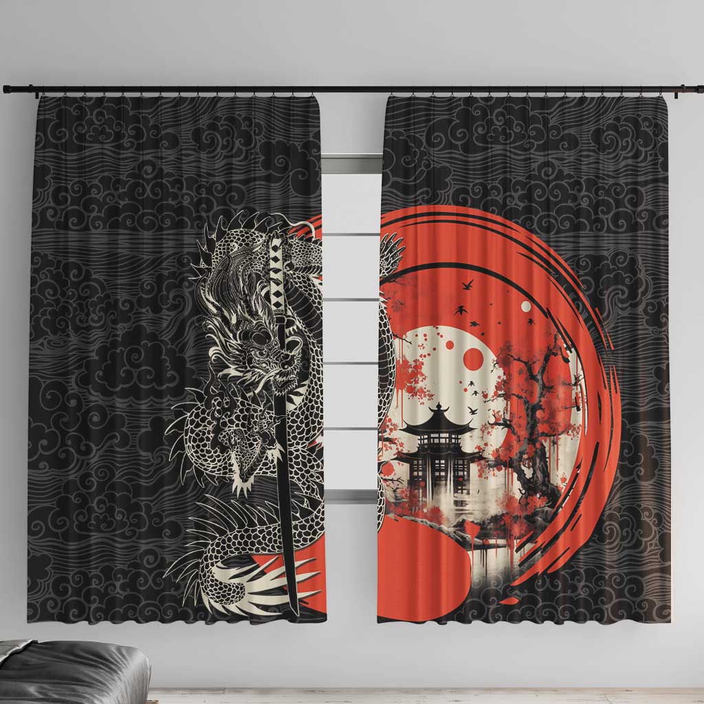 Japanese Dragon Katana Enso Window Curtain Japan Pagoda Seamless Cloud LT14 With Hooks Black - Polynesian Pride
