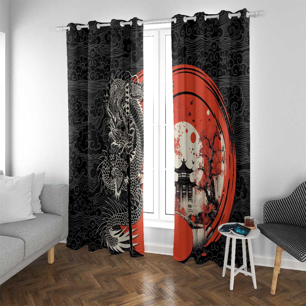 Japanese Dragon Katana Enso Window Curtain Japan Pagoda Seamless Cloud LT14 With Grommets Black - Polynesian Pride