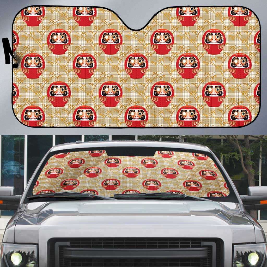 Japanese Daruma Doll Auto Sun Shade Palaka With Seamless Bamboo Pattern LT14 Beige - Polynesian Pride