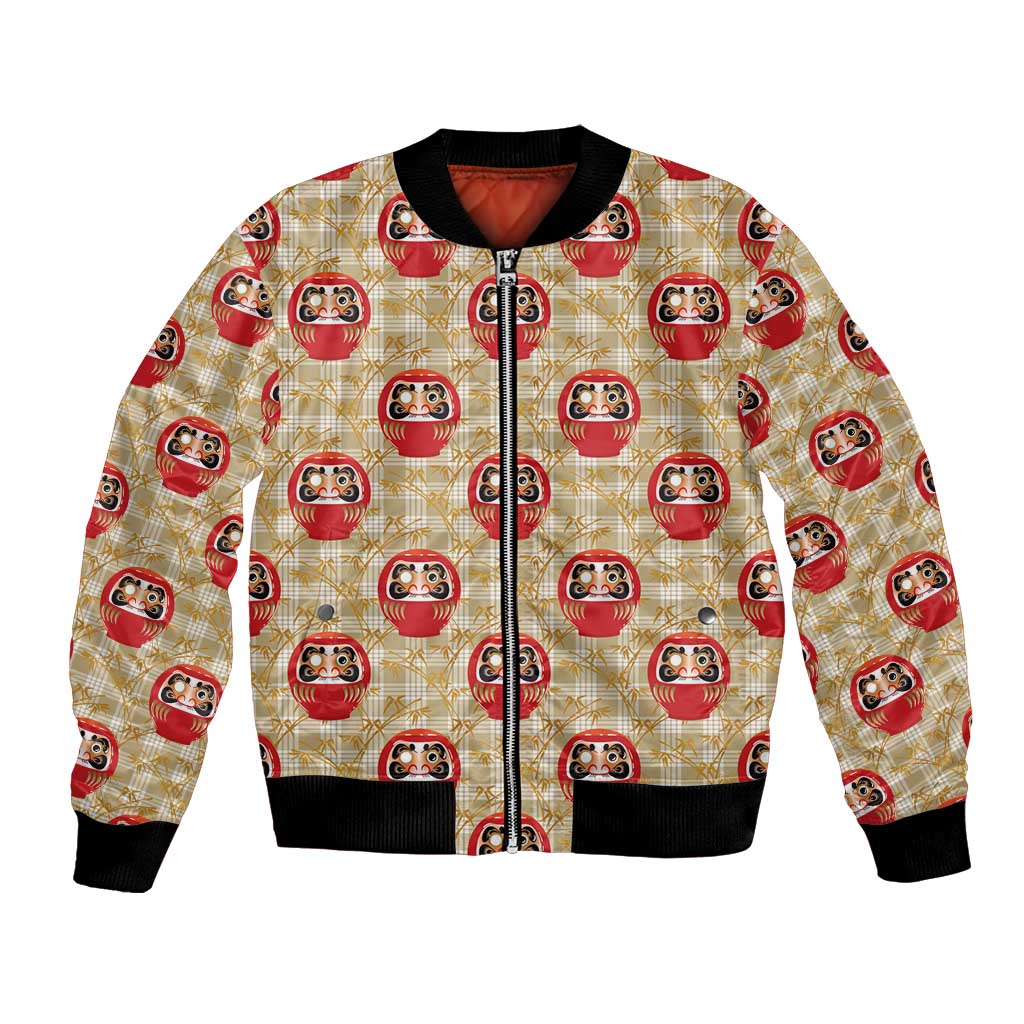 Japanese Daruma Doll Bomber Jacket Palaka With Seamless Bamboo Pattern LT14 Unisex Beige - Polynesian Pride