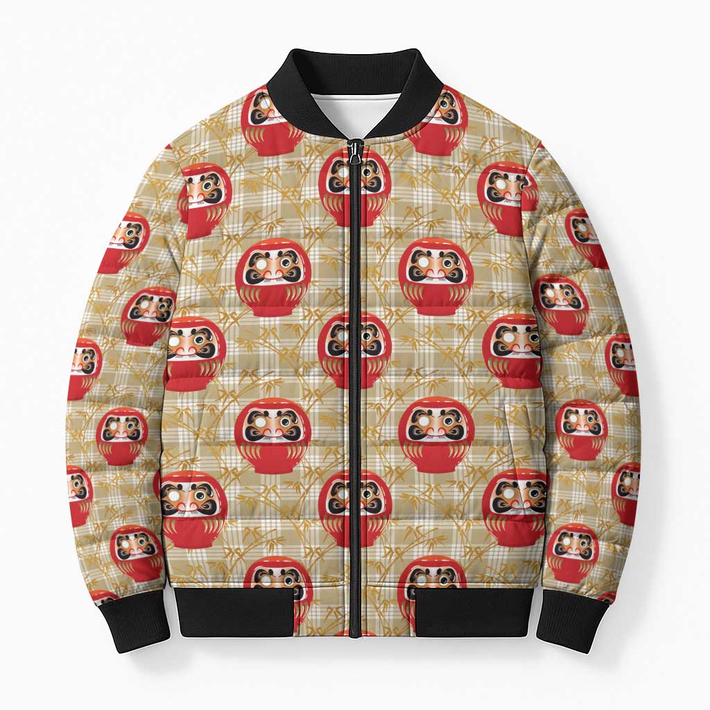 Japanese Daruma Doll Bomber Puffer Jacket Palaka With Seamless Bamboo Pattern LT14 Unisex Beige - Polynesian Pride