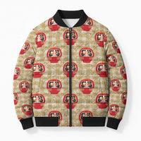 Japanese Daruma Doll Bomber Puffer Jacket Palaka With Seamless Bamboo Pattern LT14 Unisex Beige - Polynesian Pride