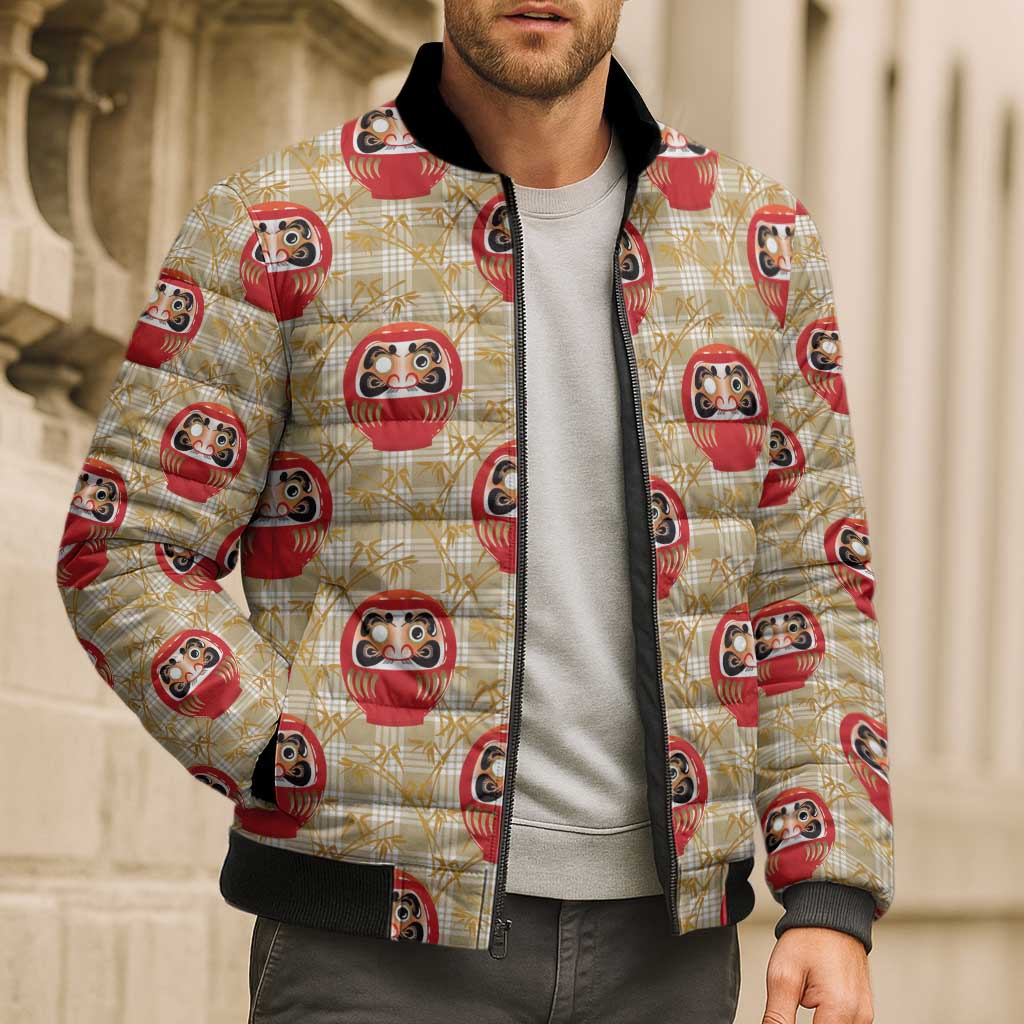 Japanese Daruma Doll Bomber Puffer Jacket Palaka With Seamless Bamboo Pattern LT14 - Polynesian Pride
