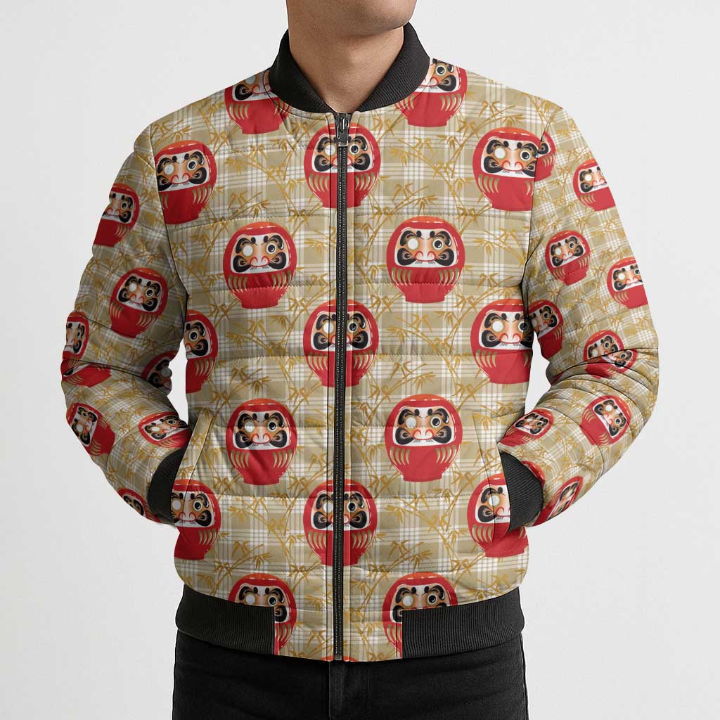 Japanese Daruma Doll Bomber Puffer Jacket Palaka With Seamless Bamboo Pattern LT14 - Polynesian Pride