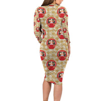 Japanese Daruma Doll Long Sleeve Bodycon Dress Palaka With Seamless Bamboo Pattern LT14 - Polynesian Pride