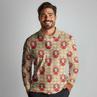 Japanese Daruma Doll Long Sleeve Polo Shirt Palaka With Seamless Bamboo Pattern LT14 - Polynesian Pride