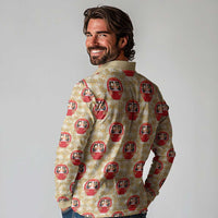 Japanese Daruma Doll Long Sleeve Polo Shirt Palaka With Seamless Bamboo Pattern LT14 - Polynesian Pride