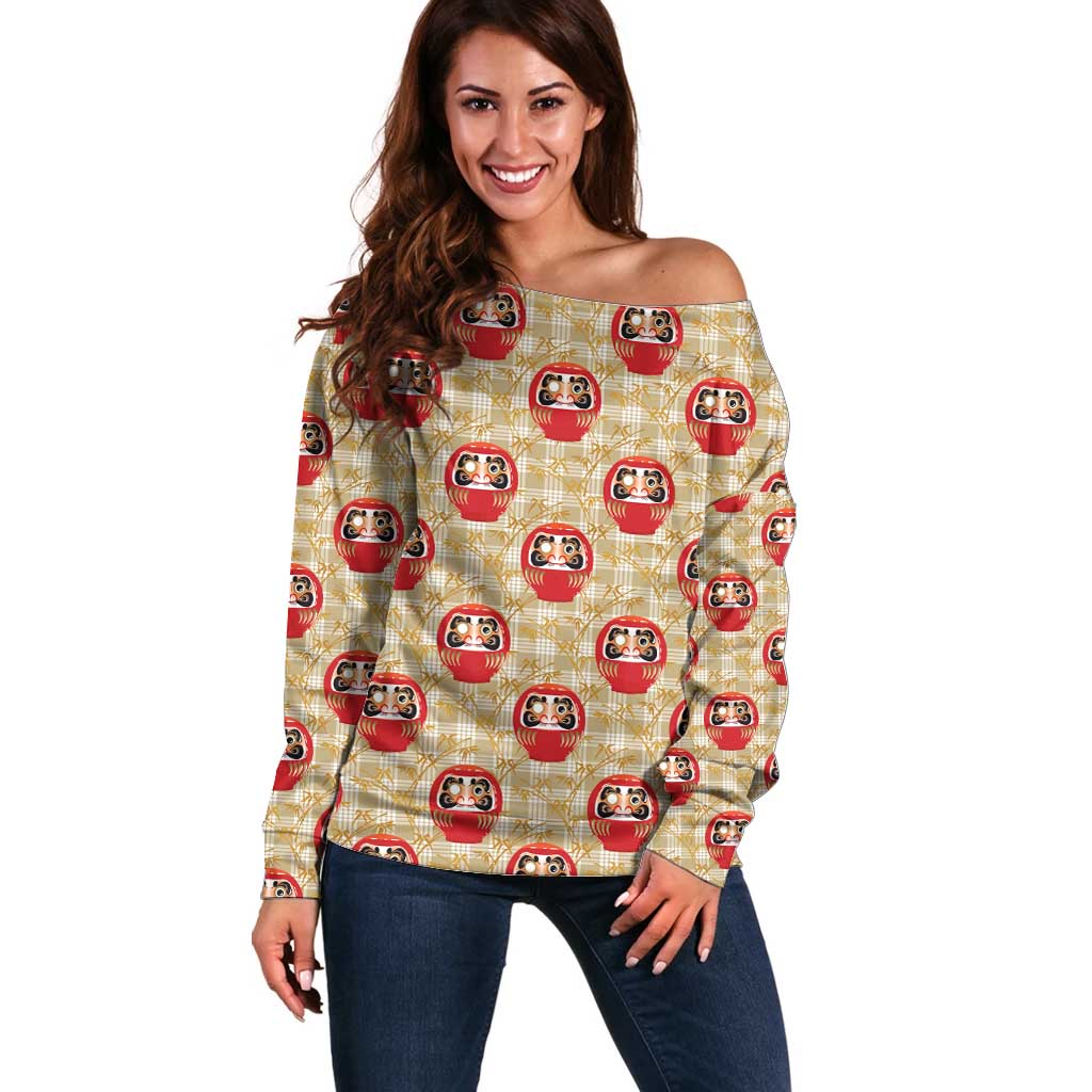 Japanese Daruma Doll Off Shoulder Sweater Palaka With Seamless Bamboo Pattern LT14 Women Beige - Polynesian Pride