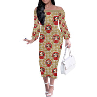 Japanese Daruma Doll Off The Shoulder Long Sleeve Dress Palaka With Seamless Bamboo Pattern LT14 Women Beige - Polynesian Pride